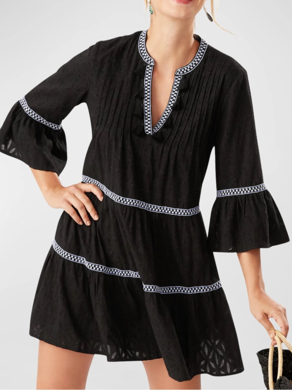 TOMMY BAHAMA Eyelet Tiered Dress Black Mini Cotton Bell Sleeve Tassel Small